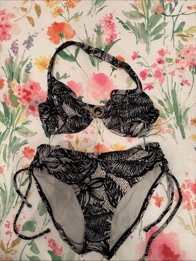 Black and Cream Tropical Print Bikini Set
